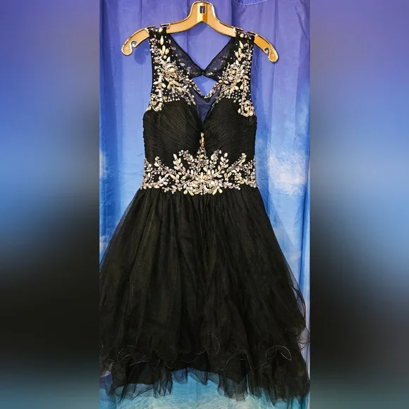 May Queen Size 10 Black Jewel / Sequin Tulle Party Dress Short Homecoming - Picture 3 of 12